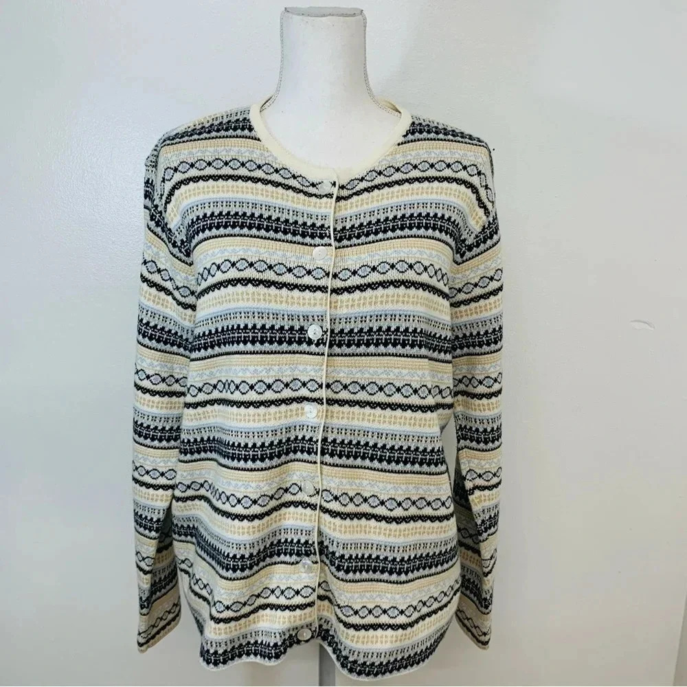 Vtg Talbots Cardigan Woman Medium Button Up Fair Isle Cotton Long‎ Sleeve Office